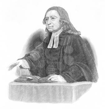 Royalty Free Photo of John Wesley (1703-1791) preaching over an open bible on engraving from the 1800s. Anglican cleric and Christian theologian. Engraved after original artwork by J.Jackson.