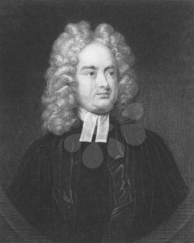 Royalty Free Photo of Jonathan Swift (1667-1745) on engraving from the 1800s. Irish satirist, essayist, political pamphleteer, poet and cleric. Engraved by B. Hall and published in London by Charles K