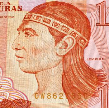 Royalty Free Photo of Lempira on Banknote from Honduras. Lempira (died 1537) was a war captain of the Lencas of western Honduras in Central America during the 1530s, when he led resistance to Francisc