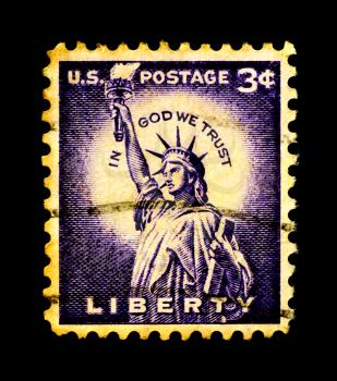Royalty Free Photo of the Statue of Liberty on USA stamp isolated in black