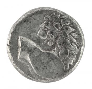 Royalty Free Photo of Lion on ancient Greek half drachm from 350 BC isolated in white