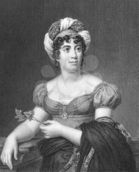 Royalty Free Photo of Germaine de Stael (1766-1817) on engraving from the 1800s. Commonly known as Madame de Stael, French speaking Swiss author living in Paris and abroad. Engraved by E.Scriven after