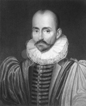 Royalty Free Photo of Michel de Montaigne (1533-1592) on engraving from the 1800s. One of the most influential writers of the French renaissance