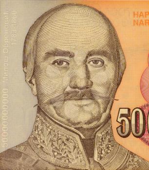 Royalty Free Photo of Milan Obrenovic on 50000000 Dinara 1993 Banknote from Yugoslavia. Prince of Serbia.