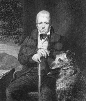 Royalty Free Photo of an Old Man and His Dog on engraving from the 1800s. Engraved by W.Holl after a painting by J.W.Gordon and published by Fisher, Son & Co, London & Paris.