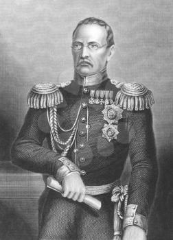 Royalty Free Photo of Prince Mikhail Dmitrievich (1795-1861) on engraving from the 1800s. Russian General of Artillery