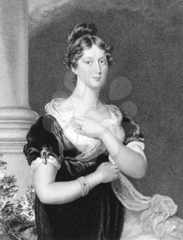 Royalty Free Photo of Princess Charlotte Augusta of Wales (1796-1817) on engraving from the 1800s. Engraved by E.Scriven and published in London by W.Fry and published in London by Fisher & Son in 183