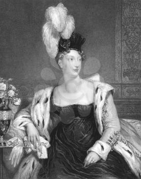 Royalty Free Photo of Princess Charlotte Augusta of Wales (1796-1817) on engraving from the 1800s. Engraved by H.T.Ryall from a painting by A.E.Chalon and published in London by Harding & Lepard, Pall