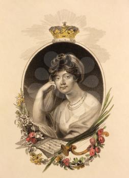 Royalty Free Photo of Princess Sophia of Gloucester (1773-1844) on engraving from the 1800s.  Artwork by Marie Anne Bourlier and printed in 1808 for John Bell.