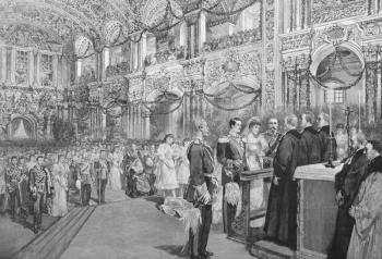 Royalty Free Photo of he Wedding of T.R.H. the Grand Duke of Hesse-Darmstadt and Princess Victoria Melita of Saxe-Coburg and Gotha. Engraving published by the Graphic in 1894.