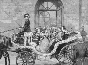 Royalty Free Photo of The Departure of the Bride and Bridegroom to the Castle of Kranichstein. Engraving published by the Graphic in 1894.