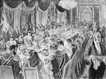 Royalty Free Photo of a Royal wedding breakfast in the Throne Room at the Ehrenberg Palace in engraving published by the Graphic in 1894.