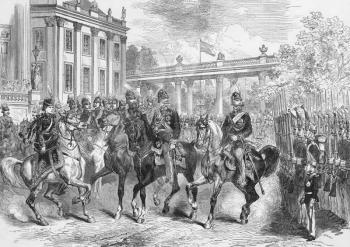 Royalty Free Photo of The King of Italy in Berlin Reviewing the Guards. Engraving published by the Illustrated London News in 1873.
