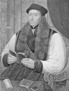 Royalty Free Photo of Thomas Cranmer (1489-1556) on engraving from the 1800s. Leader of the English Reformation and Archbishop of Canterbury. Engraved by J.Cochran and published by the London Printing