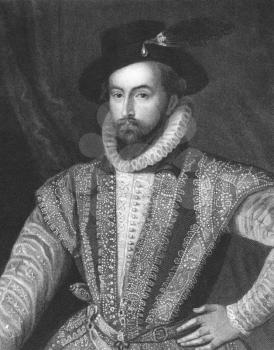 Royalty Free Photo of Sir Walter Raleigh (1552-1618) on engraving from the 1800s. English aristocrat, writer, poet, soldier, courtier and explorer. Engraved by J. Pofselwhite and published in London b