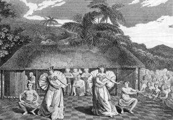A Dance in Tahiti on engraving from 1793. Engraved by Heath after a picture by Webber and published in The Geographical Magazine.