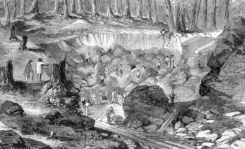 Copper mine near Montreal, Canada on engraving from 1860 after a scetch by G.A.Andrews and published in the Illustrated London News.