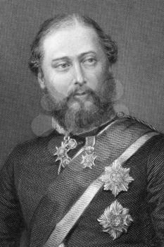 Edward VII (1841-1910) on engraving from 1800s. King of the United Kingdom of Great Britain and Ireland and of the British Dominions and Emperor of India during 1901- 1910. Engraved by G.Cook and publ