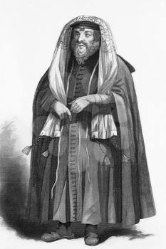 Jewish rabbi dressed for prayers on engraving from 1858. Engraved by R.Young and published by A.Fullarton & Co, London & Edinburgh.