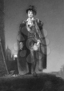 John Philip Kemble (1757-1823) as Hamlet on engraving from 1838. English actor. Engraved by C.Marr after a painting by T.Lawrence and published in London by G.Virtue.