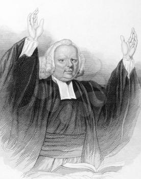 John Wesley (1703-1791) preaching over an open bible on engraving from the 1800s. Anglican cleric and Christian theologian. Published in London by L.Tallis.