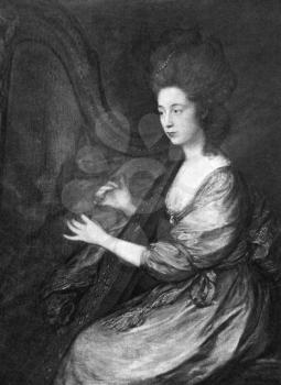 Louisa Clarges (1760-1809) on engraving from 1900.
Accomplished singer, harp player and patron of several outstanding musicians. Engraved after a painting by 	T.Gainsborough and published by Virtue &