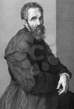 Michelangelo (1475-1564) on copper engraving from 1841. Italian Renaissance painter, sculptor, architect, poet and engineer. Engraved by G.P.Lorenzi from a drawing by A.Tricca after a self portrait by