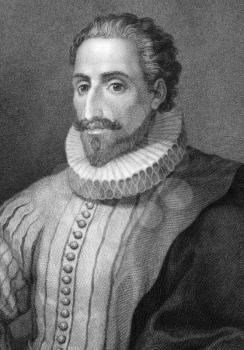 Miguel de Cervantes Saavedra (1547-1616) on engraving from 1800s. Spanish novelist, poet, and playwright. His magnum opus Don Quixote, is regarded amongst the best works of fiction ever written. Engra