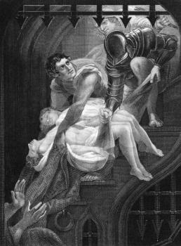 Murder of the two princes, the only sons of Edward IV of England in 1483 on engraving from the 1800s. Engraved by J.Rogers after a painting by Northcote and published by J.& F.Tallis.