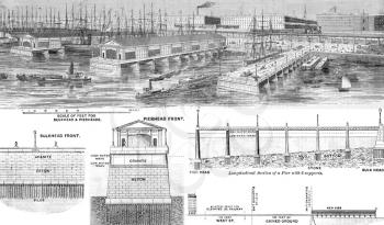 Proposed wharfage piers and improved front for the city of New York on engraving from 1884. Published in Knights new mechanical dictionary : a description of tools, instruments, machines, processes an