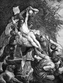 The Crucifixion of Jesus on engraving from 1840. Drawn by F.Felsing after a painting by Rubens and engraved by J.Klaus.