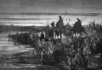 The Israelites Crossing the Jordan on engraving from 1875. Designed and drawn by G.Dore and engraved C.Laplante.