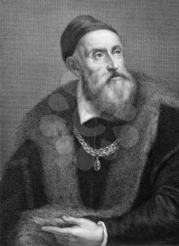Titian (1473/1490-1576) on copper engraving from 1841. Italian painter, leader of 16th century Venetian school of Italian Renaissance. Engraved by G.Fusinati from a drawing by G.Tubino after a self po