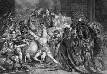 William Walworth Lord Mayor of London Killing Wat Tyler in Smithfiled in 1381 on engraving from the 1800s.  Engraved by J.Rogers after a painting by J.Northcote and published by J.& F.Tallis.