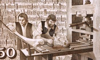 16th Century Printers at Work on 50 Kronur 1981 Banknote from Iceland.