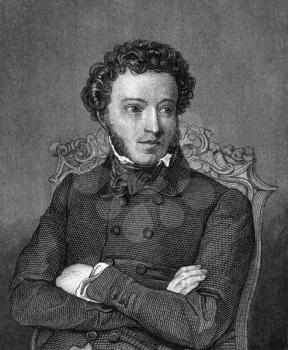 Alexander Pushkin (1799-1837) on engraving from 1859. One of the greatest Russian poets. Engraved by unknown artist and published in Meyers Konversations-Lexikon, Germany,1859.