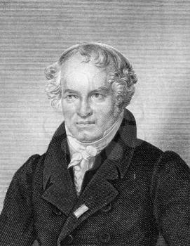 Alexander von Humboldt (1769-1859) on engraving from 1859. Prussian geographer, naturalist and explorer. Engraved by F.Scober and published in Meyers Konversations-Lexikon, Germany,1859.