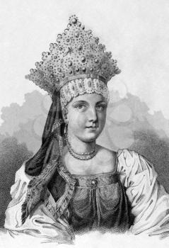 Ancient Galician Costume on engraving from 1859. Engraved by unknown artist and published in Meyers Konversations-Lexikon, Germany,1859.