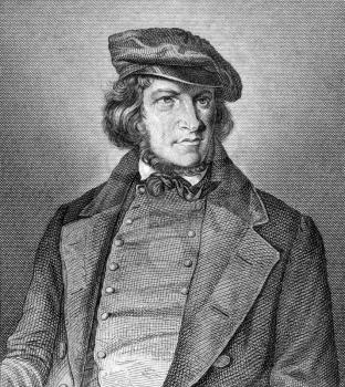 August Heinrich Hoffmann von Fallersleben (1798-1874) on engraving from 1859. German poet. Engraved by unknown artist and published in Meyers Konversations-Lexikon, Germany,1859.