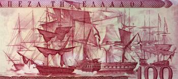 Battle of Navarino on 100 Drachmai 1955 Banknote from Greece. Naval battle fought on 20 October 1827 during the Greek War of Independence.
