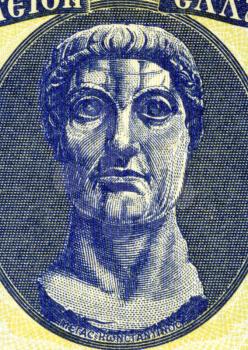 Constantine the Great (272-337) on 100 Drachmai 1950 Banknote from Greece. Roman Emperor during 306-337. Best known for being the first Roman emperor to be converted to Christianity.