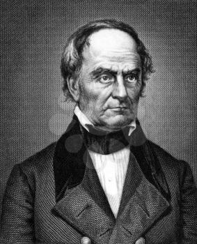 Daniel Webster (1782-1852) on engraving from 1859. Leading American statesman and senator. Engraved by unknown artist and published in Meyers Konversations-Lexikon, Germany,1859.