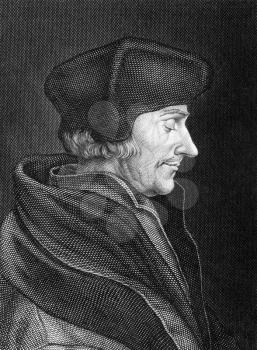 Desiderius Erasmus (1466-1536) on engraving from 1859. Dutch Renaissance humanist, Catholic priest, social critic, teacher and theologian. Engraved by C.Barth and published in Meyers Konversations-Lex