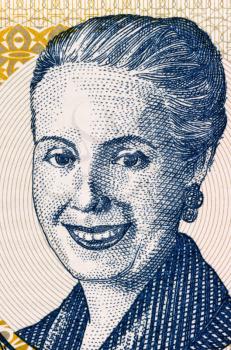 Eva Peron (1919-1952) on 2 Pesos 2001 Banknote from Argentina. Second wife of President Juan Peron. 