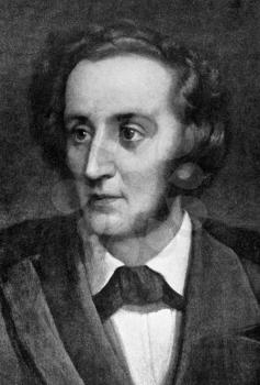 Felix Mendelssohn (1809-1847) on engraving from 1908. German composer, pianist, organist and conductor of the early Romantic period. Engraved by unknown artist and published in The world's best music
