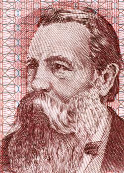 Friedrich Engels (1820-1895) on 50 Marks 1951 Banknote from East Germany. German social scientist, author, political theorist, philosopher and father of Marxist theory alongside Karl Marx.