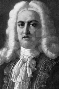 George Frideric Handel (1685-1759) on engraving from 1908. German-British Baroque composer, famous for his operas, oratorios, anthems and organ concertos. Engraved by unknown artist and published in 