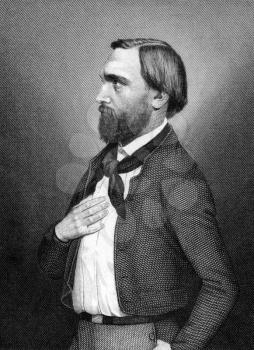 Gottfried Kinkel (1815-1882) on engraving from 1859.  German poet. Engraved by Kuhner and published in Meyers Konversations-Lexikon, Germany,1859.