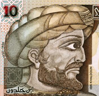 Ibn Khaldun (1332-1406) on 10 Dinars 2005 Banknote from Tunisia.Tunisian Muslim historiographer and historian.