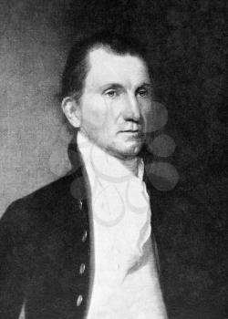 James Monroe (1758-1831) on antique print from 1899.  5th President of the United States during 1817–1825. After Vanderlyn and published in the 19th century in portraits, Germany, 1899.